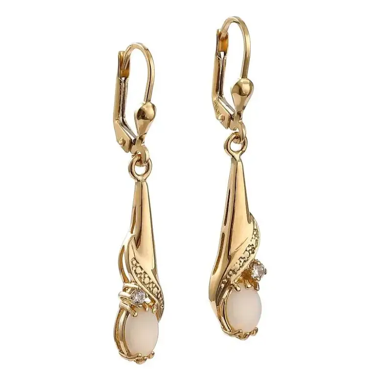 Złote kolczyki z opalem naturalnym i cyrkoniami Złote kolczyki z opalem naturalnym i cyrkoniami