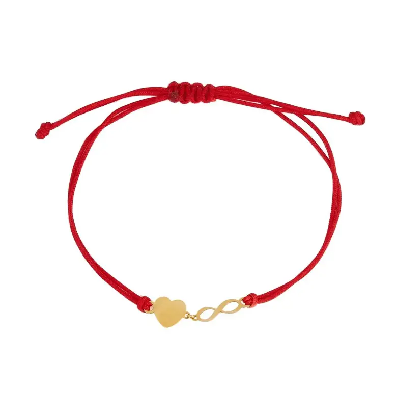 Złota bransoletka na czerwonym sznurku z nieskończonością i sercem Złota bransoletka na czerwonym sznurku z nieskończonością i sercem